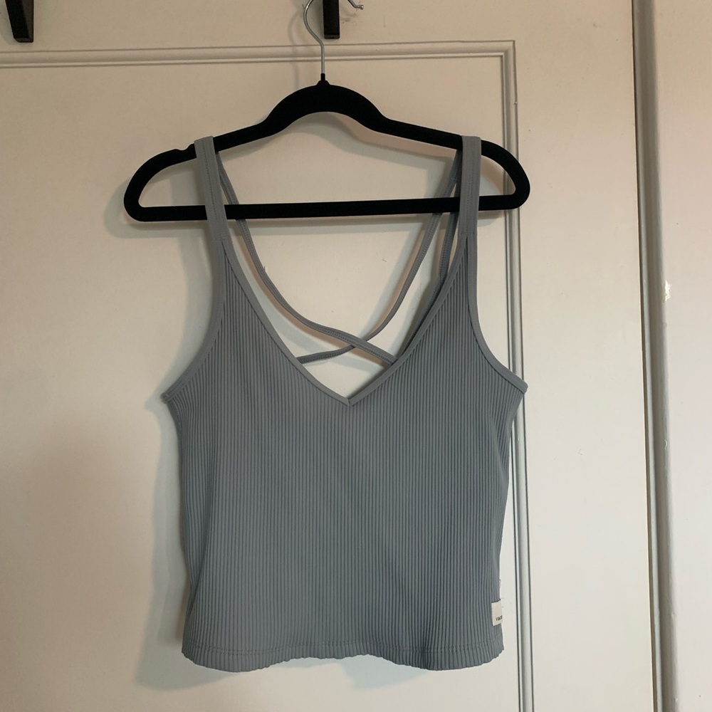 Ribbed V-Neck Strappy Tank Top - Light Gray